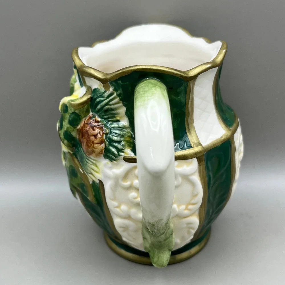 Cosmos Gifts Christmas‎ Holly Berry Pinecone Ceramic Pitcher Gold Trim 3.5